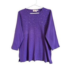 Quacker Factory Purple 3/4 Sleeve Cotton Knit Top Sequin Detail Med Statement